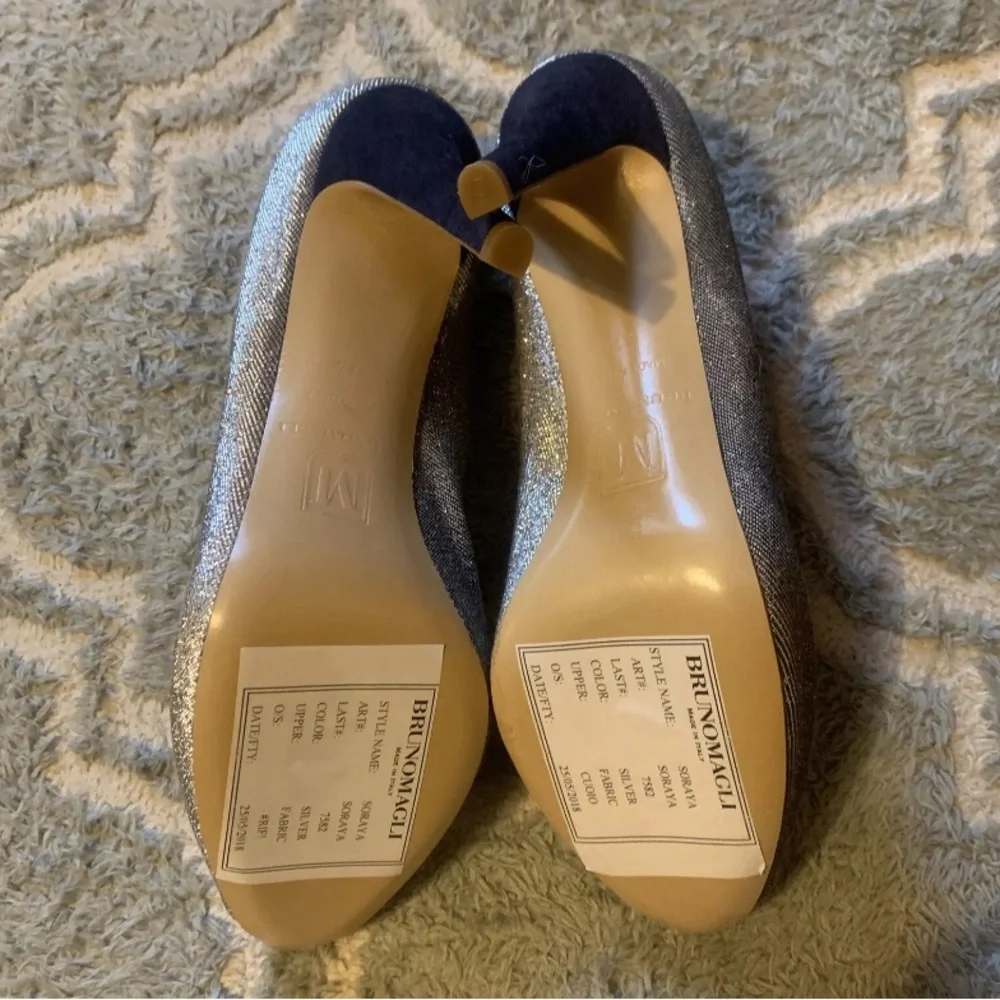 Bruno Magli Blue Peep Toe Metallic Silver Sexy High Heels Couture new